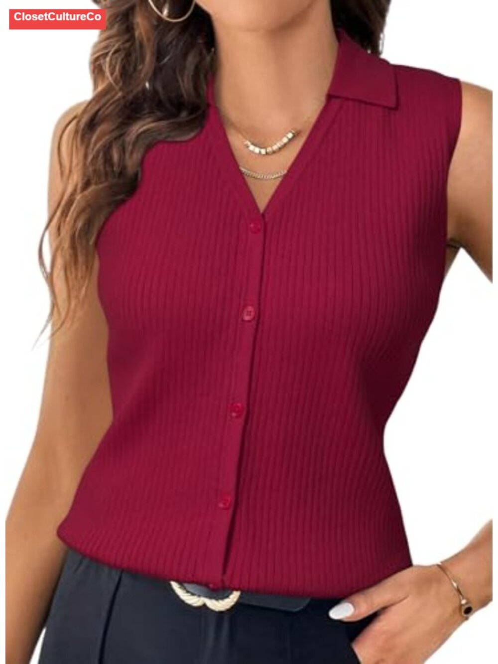 Women's Slim Fit Button Down Sleeveless Tank Top Business Casual